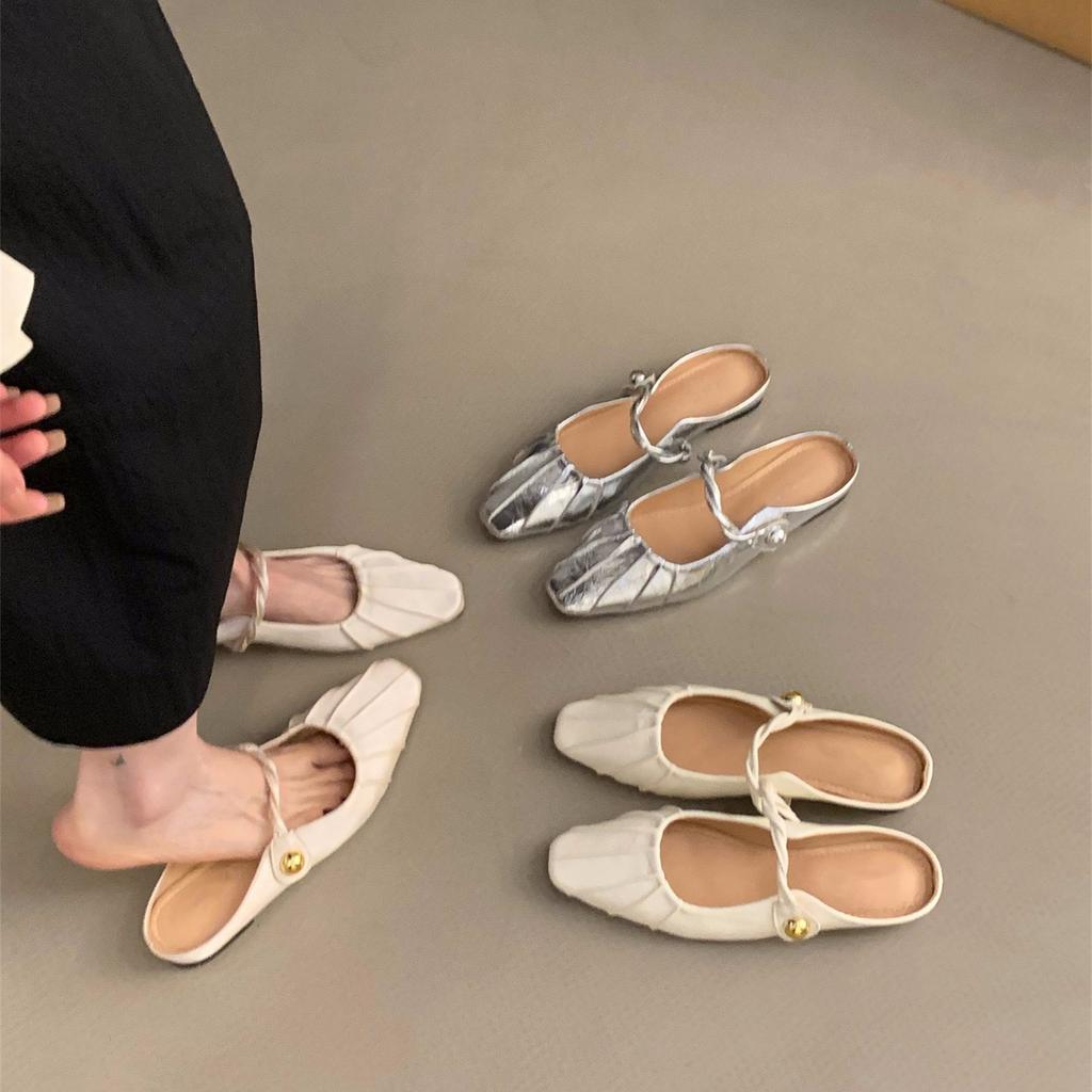 Flat bottom pleated temperament bag head half slippers women's shoes outer wear 2025 summer with skirt Mary Jane half tray single shoes