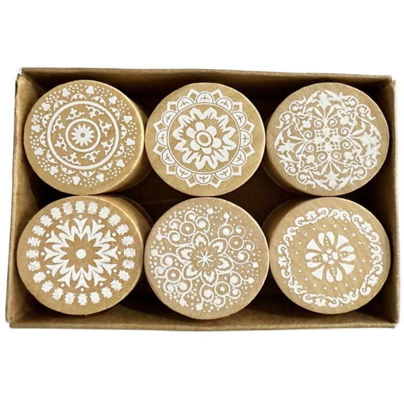 6pcs/box Round Wooden Retro Pattern Lace Seal Valentine's Day Blessings Series Handbook Photo Album Diary Seal Assorted Stamp