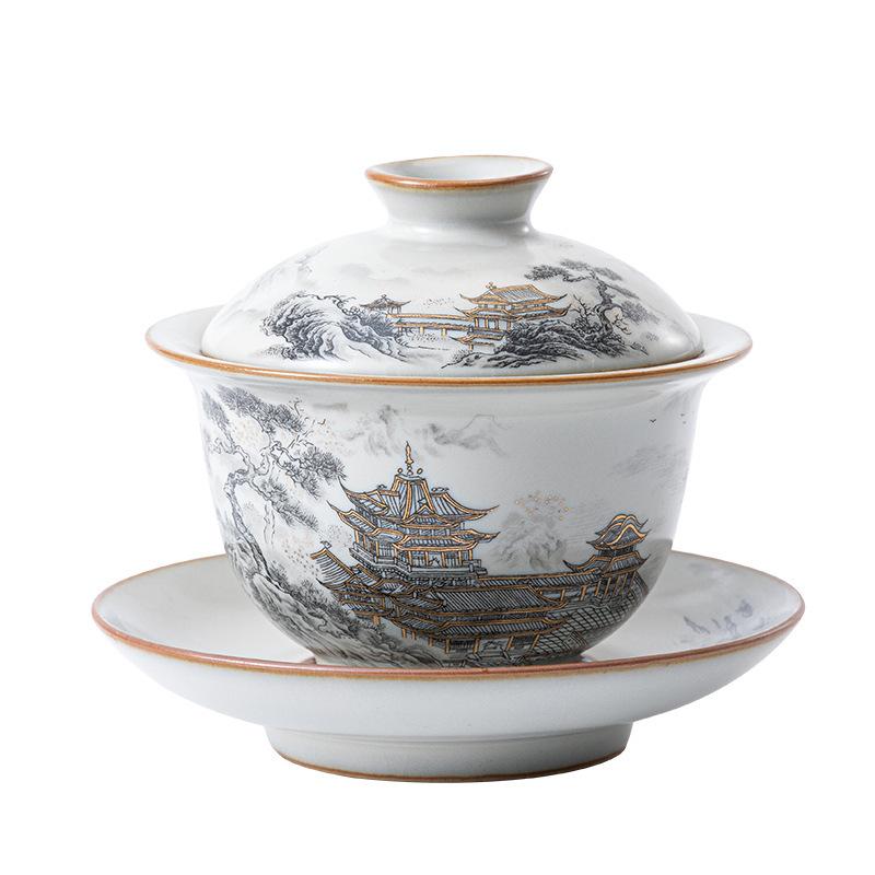 Ceramic Sancai Cover Bowl High-end Chinese Landscape Kung Fu Tea Set Tea Breaker Tengwang Pavilion Ru Kiln Single Tea Bowl