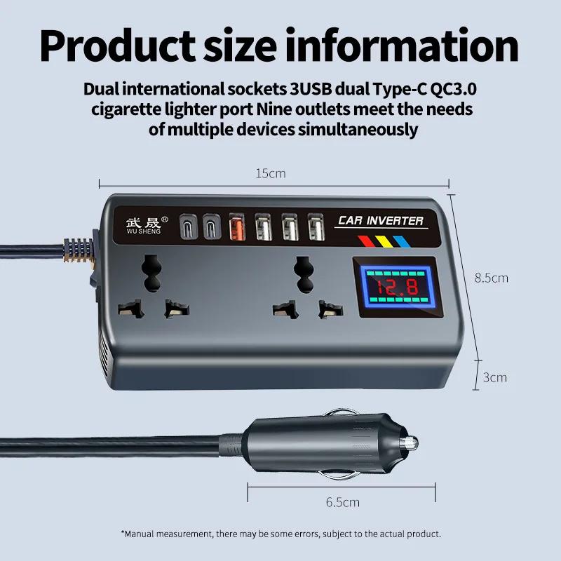 12V/24V To 220V Car Converter 9 Ports Fast Charging Automotive Charger Inverter 3 USB OC3.0 PD 2TYPE-C Ports Power Adapter