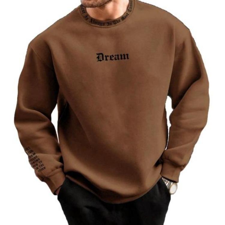 Men Casual Thick Warm Sweatshirt Fall Winter Letter Print Round Neck Long Sleeve Loose Soft Top
