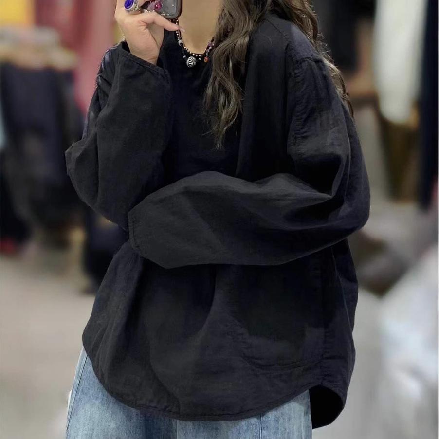 Spring Korean Style Double-layer Cotton and Linen Round Neck Loose All-match Long-sleeved T-shirt Casual Top