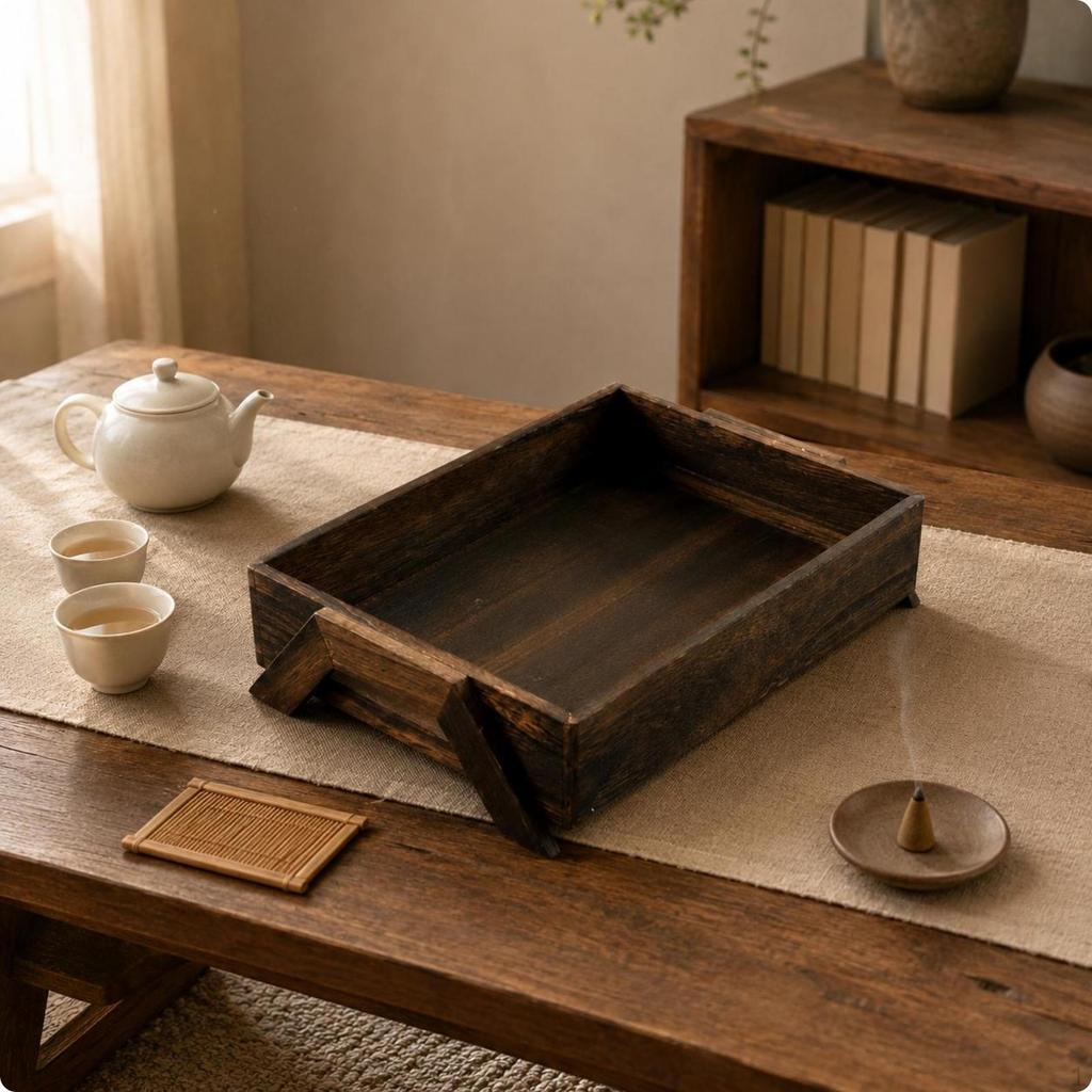 Rectangular Wooden Tray Raised Sides Vintage Dark Brown Table Organizer with Feet