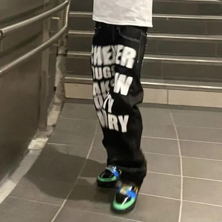 Y2k Jeans Hip Hop Letter Printed Black Pants Men Women New Trend Fashion Punk Loose Straight Wide Leg Trousers Streetwear