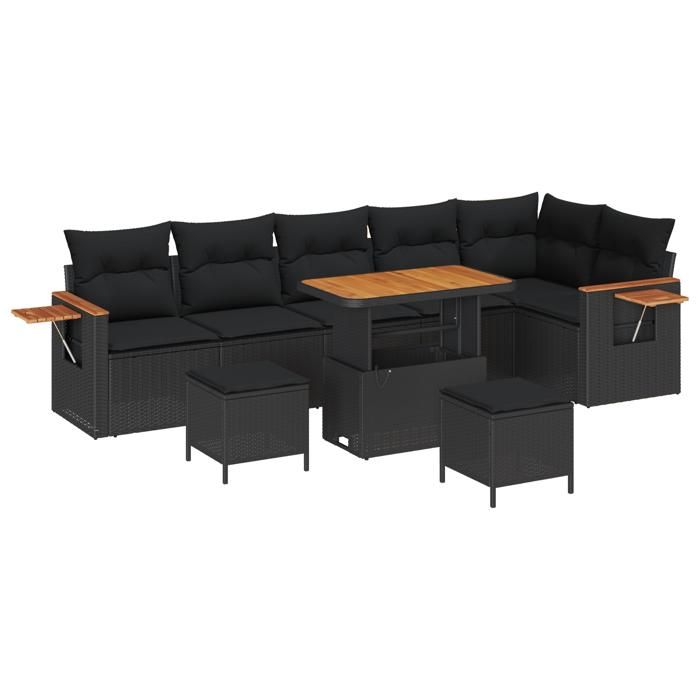 Ensemble de canapé de jardin 9 pièces avec coussins noir poly rotin acacia 3363194