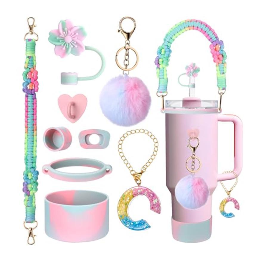 9Pcs A-E Hand-made Straw Cap Case Charm Chain Pendant Set for Stanley Bottle Tumbler Siliocne Cup Boot Handle Cup Accessories