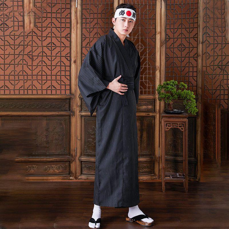 Japanese Traditional Men s Cosplay Kimono Formal Wear, Japanese-Style Samurai Clothing, Yukata Robe, Home Wear, Script Performance Costume. Black Striped Model One size