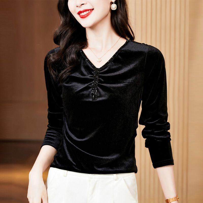 Velvet V-neck Spring and Autumn New Long-sleeved Tops Fashionable Tops for Women