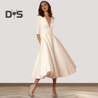 Women Midi Dress Deep V Neck A-line Flowy Hem Solid Color Half Sleeves Pure Color Dating Dress Prom Party Banquet Evening Dress