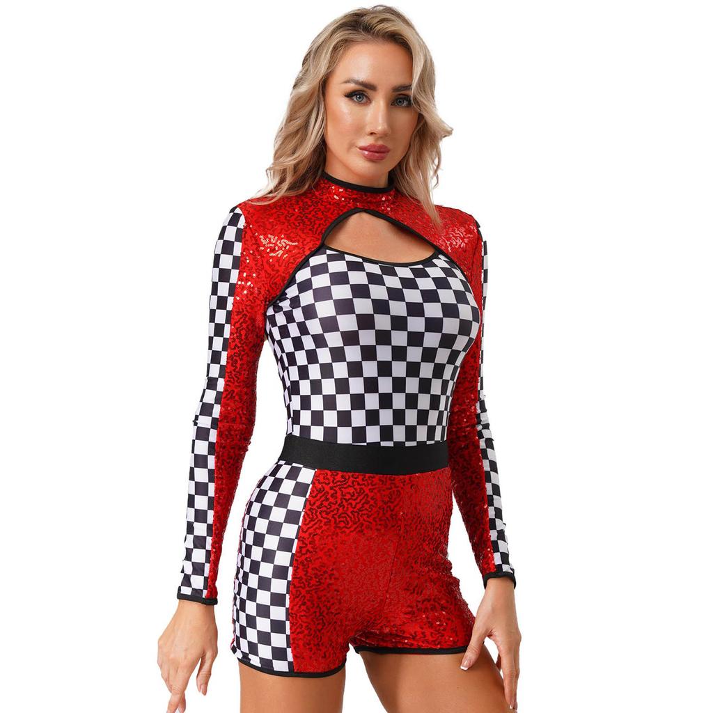 Damen glitzernder pailletten karierter Patchwork Rennfahrer Overall