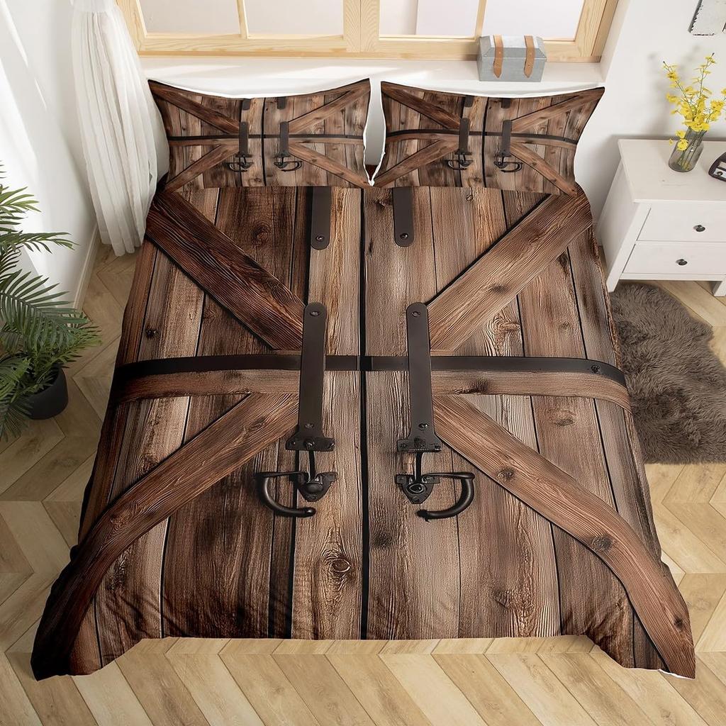 Geometric Bedding Set,Patchwork Plaid Duvet Cover Twin King for Teens Adults,Retro Vintage Comforter Cover,Wooden Plank Bed Set