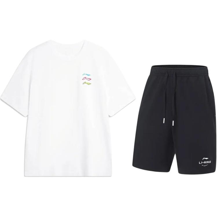 Li Ning Logo Print Round Neck Pullover Short Sleeve T-Shirt Simple Fashion Comfortable Shorts Casual Sports Set Unisex Set YHSV371-2+AKST543-3