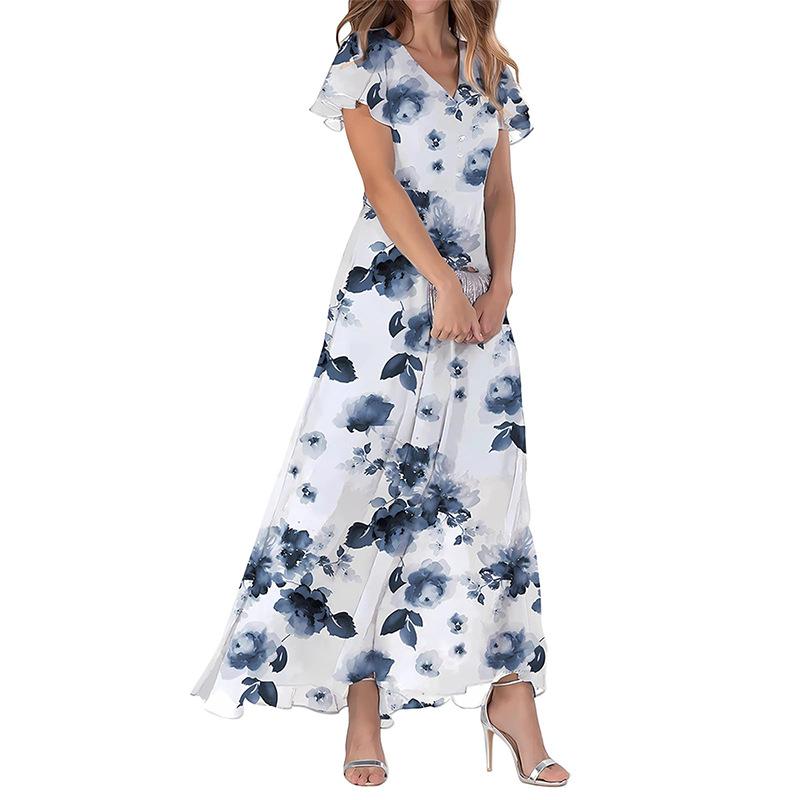 Summer new big pendulum long dress V-neck short-sleeved printed chiffon dress