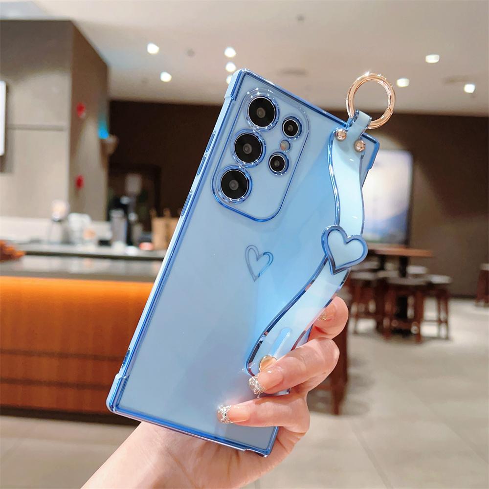 

For Samsung Galaxy S25 Ultra Case Electroplated Heart Pattern TPU Phone Back Cover with Wristband Kickstand Blue