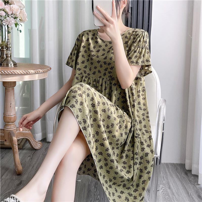 Cotton and silk nightgown women's summer thin short-sleeved cartoon printed pajamas can be worn outside long large size loose knee pajamas