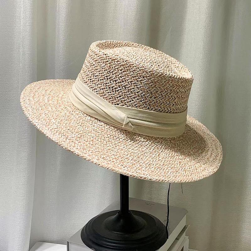 Fresh Hat Women'S Summer Versatile Straw Hat Beach Vacation Sunscreen Hat British Straw Woven Flat Top Jazz Hat