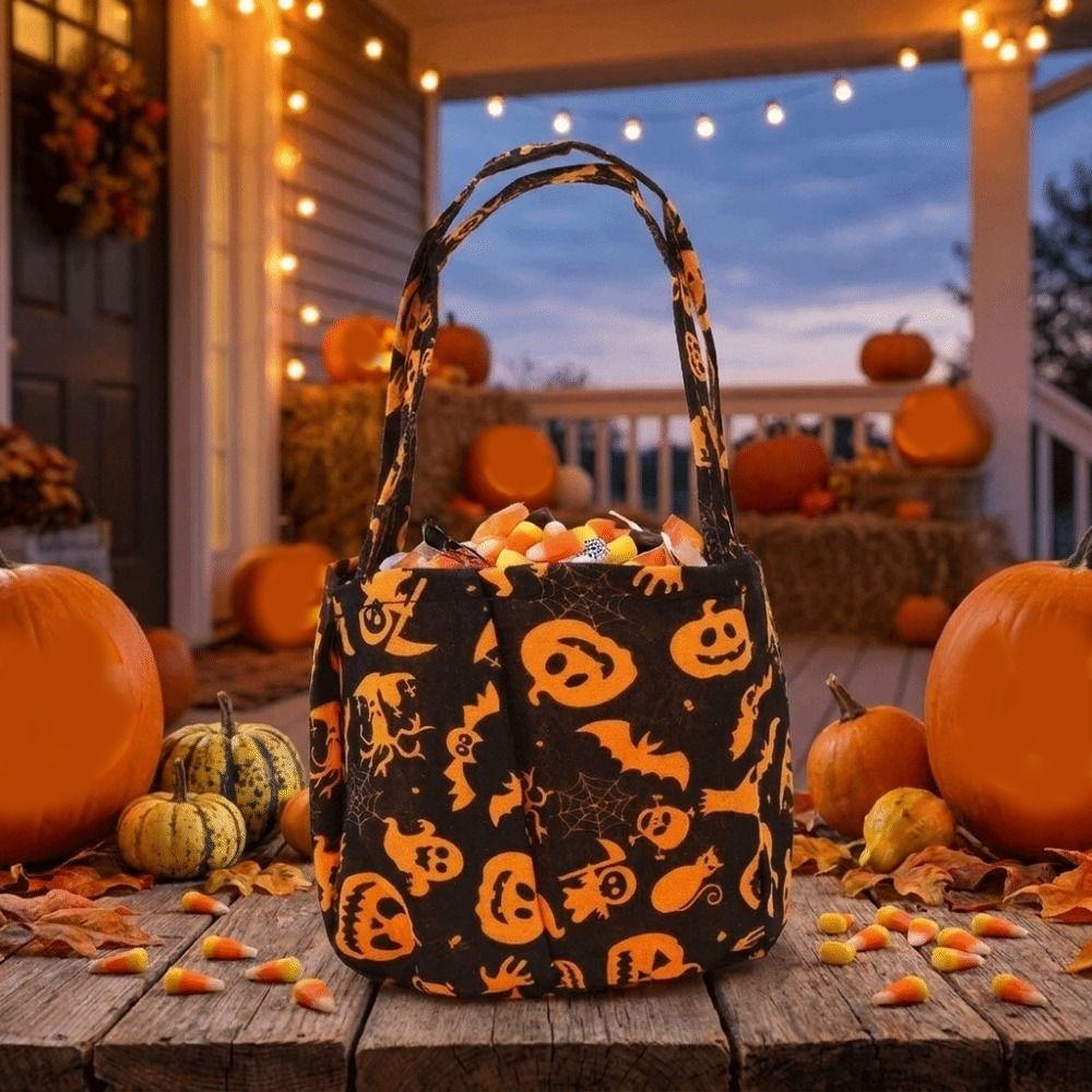 Portable Halloween Candy Bag Non-Woven Pumpkin Candy Bucket Tote Bag Candy Bucket Kids Party