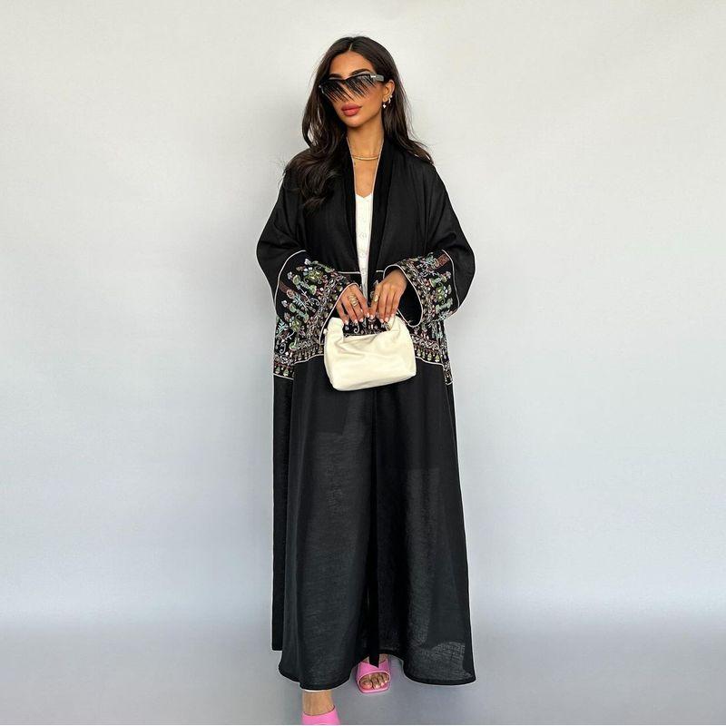 

Magic Queen Indonesian Women s Clothing Middle East Cardigan Embroidery Embroidery Robe Dubai Length Splicing Coat Cardigan Black 2XL