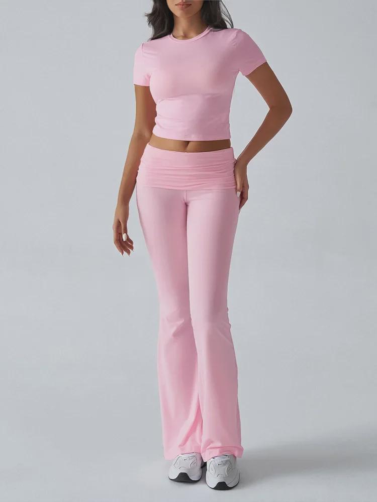 Diyun Women's Casual Solid Color Slim Short-Sleeved Long Pants Suit for Spring/Summer 2025