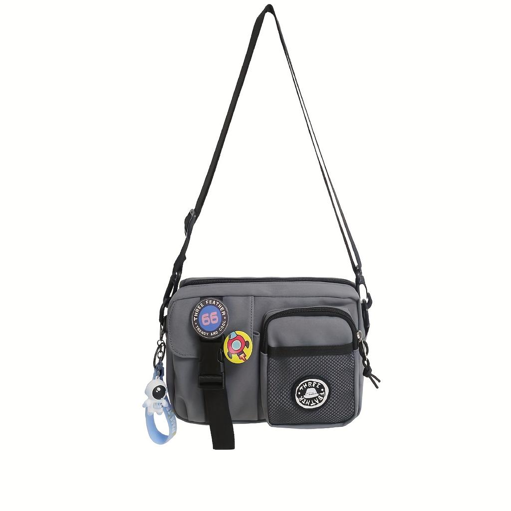 Unisex Couple'S Style, Badge-Decorated Release Buckle Square Multi-Pocket Bag with Strap, Suitable for Crossbody Or Shoulder Use