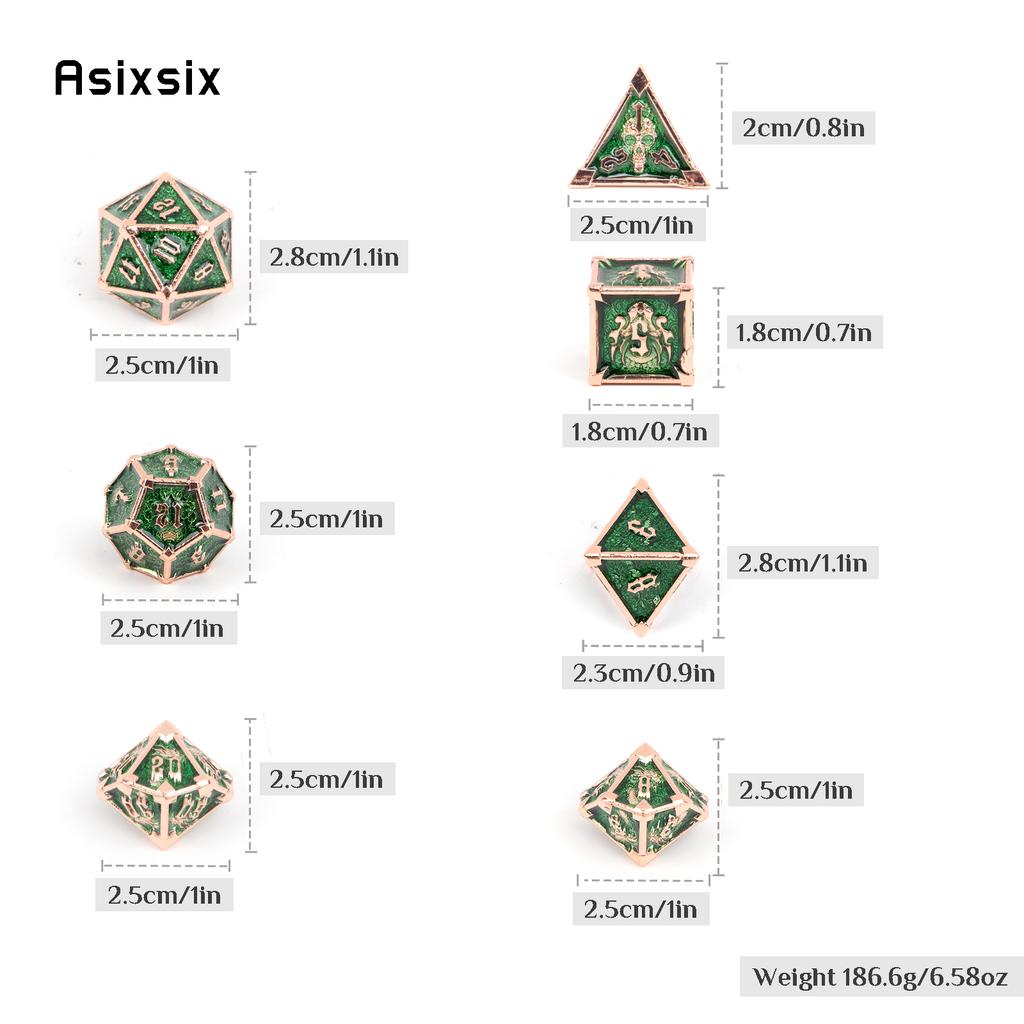 7 Pcs Green Golden Skull Metal Dice Solid Metal Polyhedral Dice Set Suitable for Role-Playing RPG Board Game Card Game