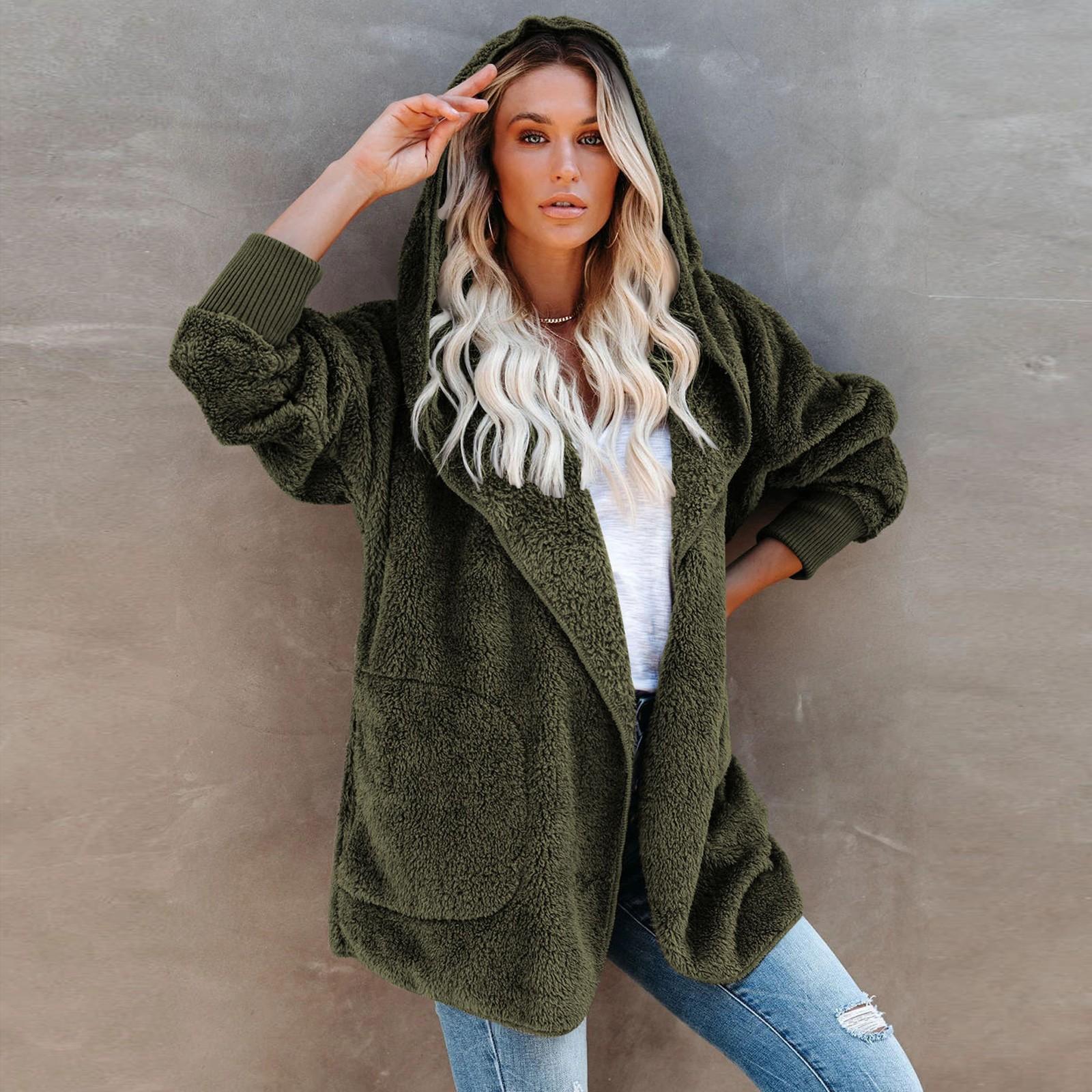 

Женская зимняя мода, повседневный флисовый кардиган, флисовая куртка-кардиган с капюшоном XXL зелёный