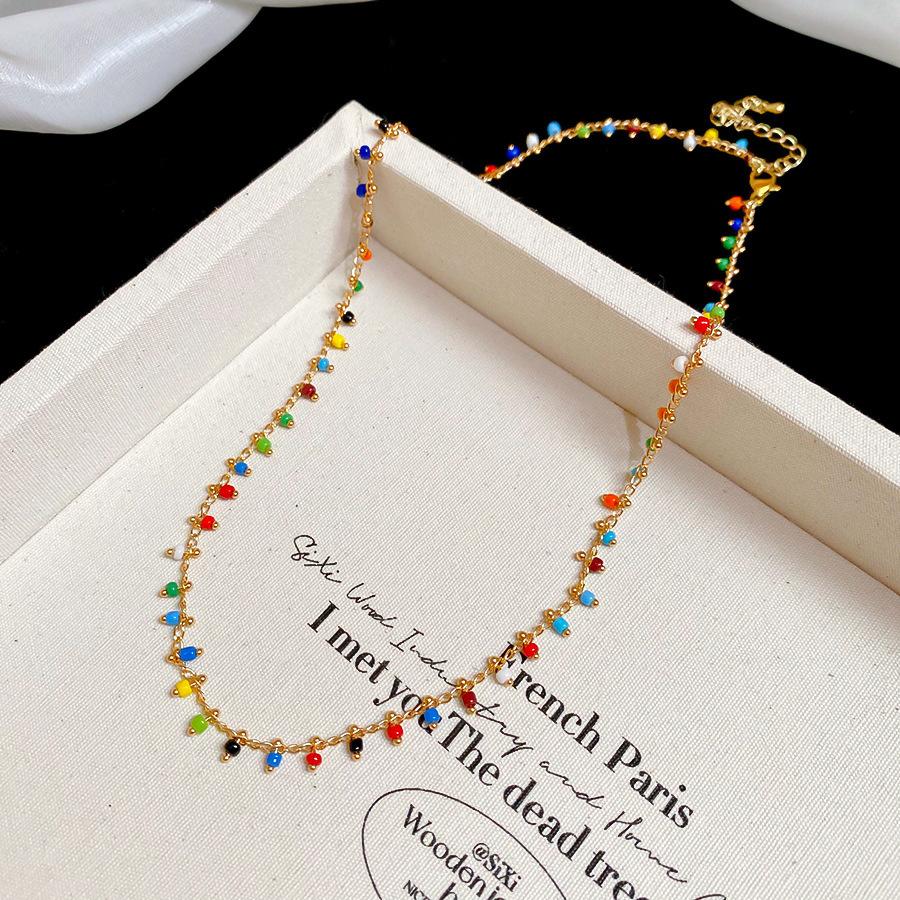 Summer dopamine stained glass crystal beaded necklace collarbone chain design sense niche item decoration