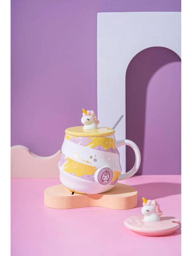 Ceramic Unicorn Mug - Rainbow Spiral Coffee Cup with Lid & Spoon, Cute for Girls
