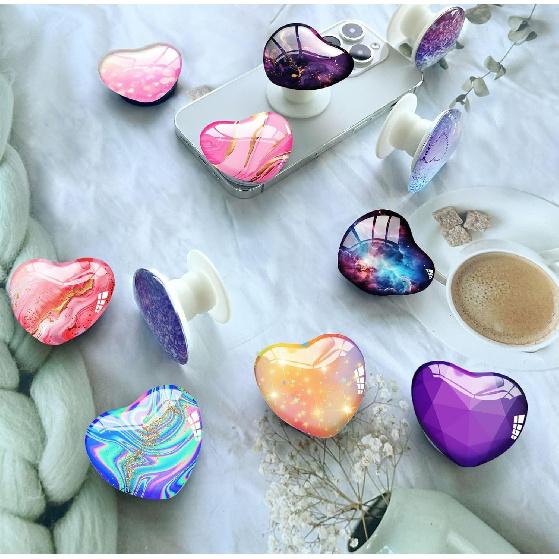 Luhoit Expandiing Cell Phone Grip Heart Shape Glass Finger Holder for Smartphones, Cellphone Collapsible Stand - Orange Glitter