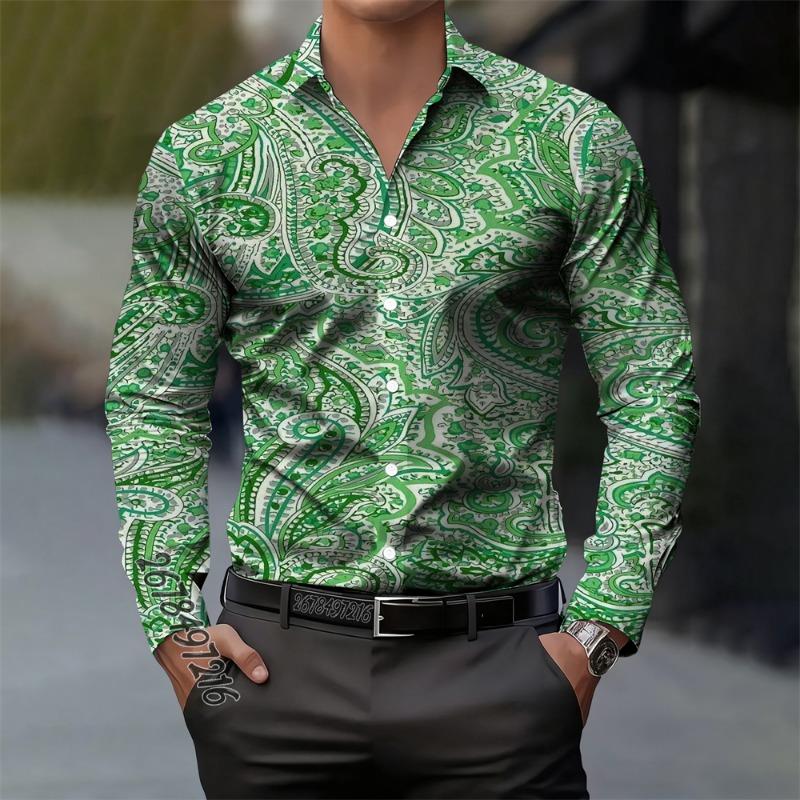 Camicia da uomo vintage in cashmere con stampa floreale paisley a maniche lunghe, casual, elegante, alla moda, comoda, alta qualità, top da uomo con colletto