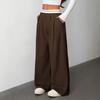 Womens 2026 Loose Fit Wide Leg Trousers With Contrast Waistband Lightweight Woven Fabric Mid-Rise Straight Cut