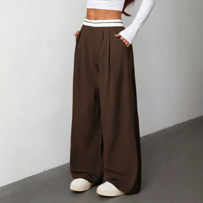 Womens 2026 Loose Fit Wide Leg Trousers With Contrast Waistband Lightweight Woven Fabric Mid-Rise Straight Cut