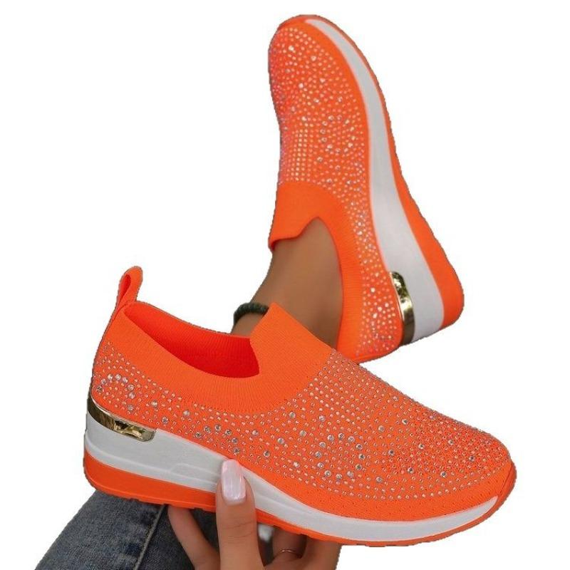 Fashion Rhinestone Women Shoe Casual Sneakers Wedge Flat Loafers Spring Summer New Knitted Single Shoes Adult Ladies Plus Size