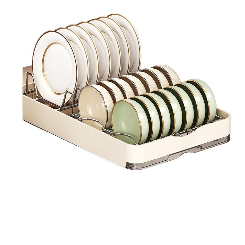 Pull-Out Kitchen Cabinet Dish Rack with Built-in Shelf and Draining Basket