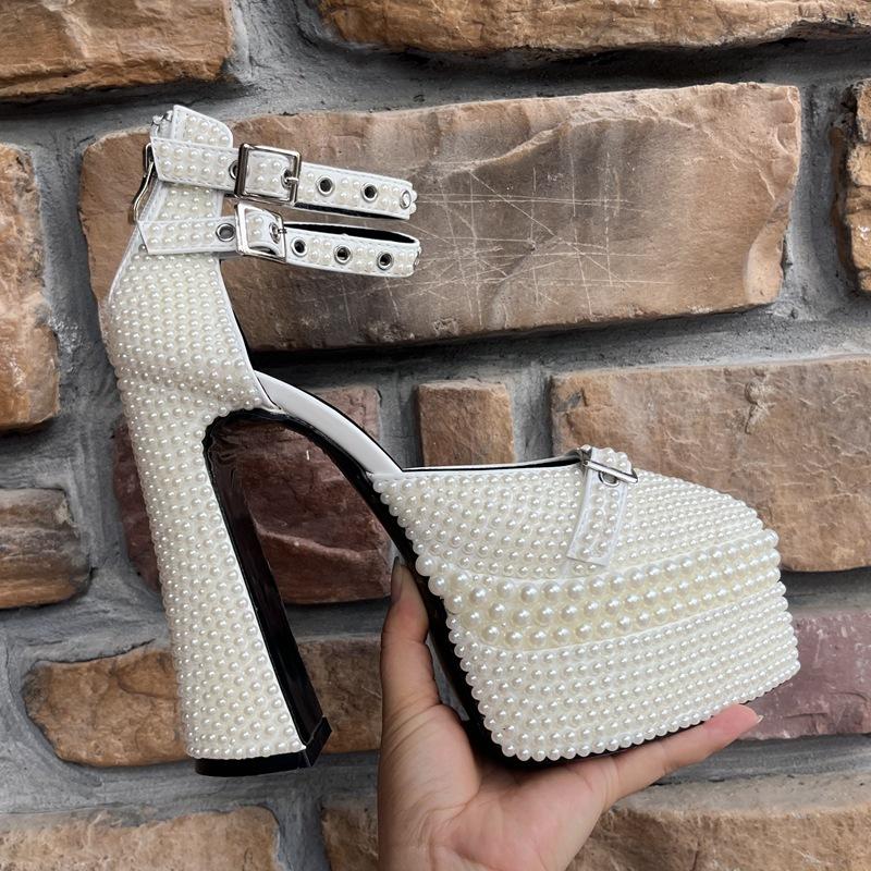 Fashion Luxury Handmade Full Pearls Beaded Ankle Strap Women Pumps Fashion Metal Buckle Platform Wedges High heels Party Wedding Shoes