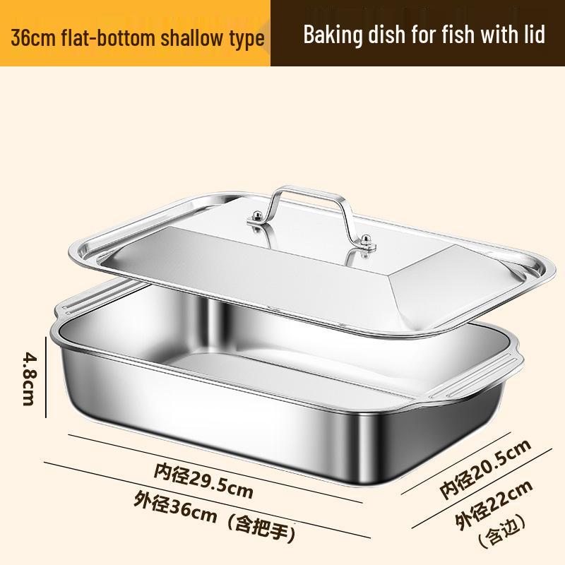 Rectangular Stainless Steel Deep Dish Grilled Fish Pan with Lid for Induction Cooktops - Ideal for Crayfish and Barbecue.