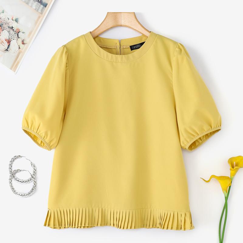 

ZANZEA Женская летняя повседневная однотонная блузка с круглым вырезом и коротким рукавом XL жёлтый