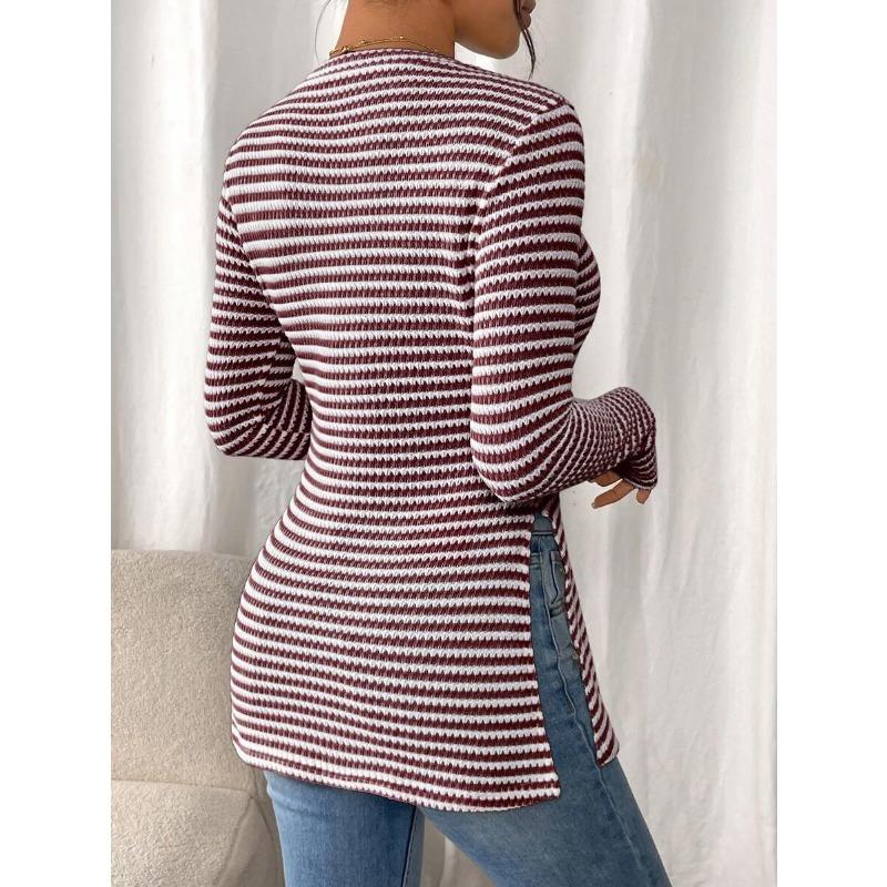 Damenmode Lässig Frühling Herbst Streifendruck Langarm O-Ausschnitt Blusen & Hemden