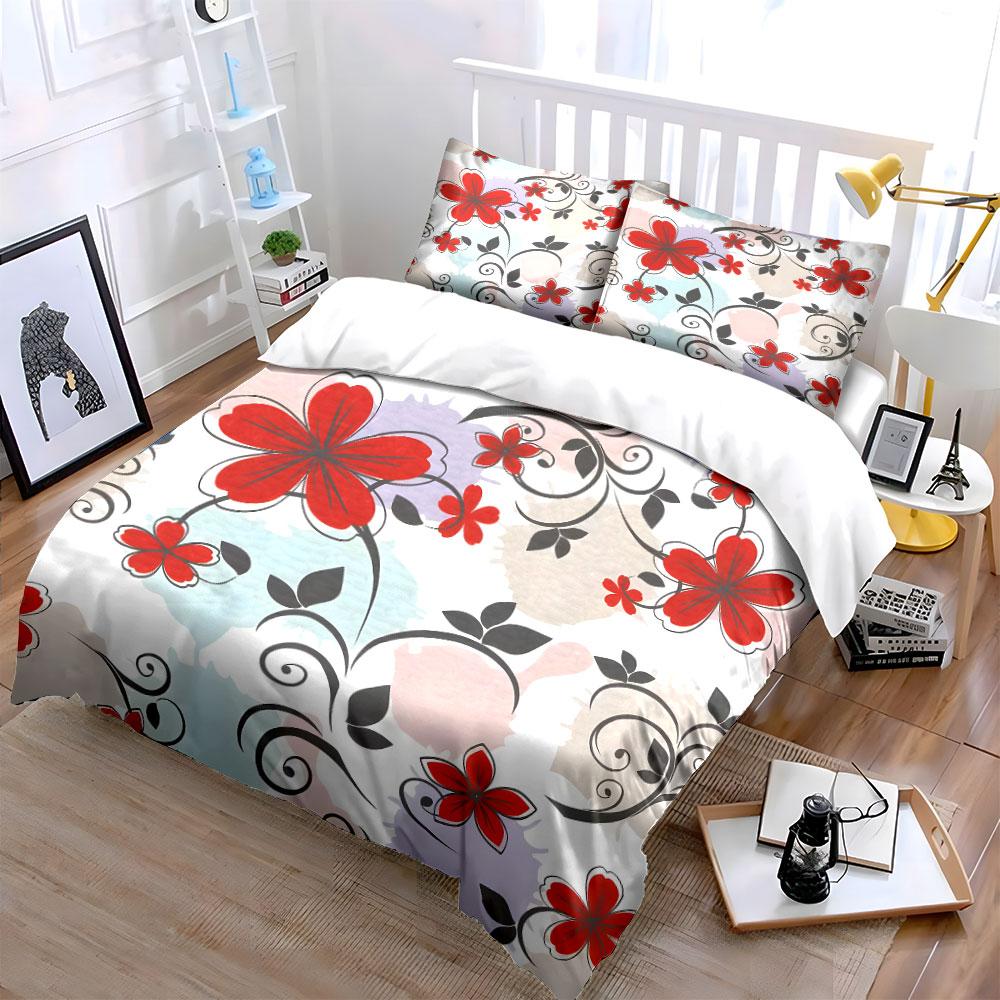 Red flowers with black leaves Print Bedding Set 1 Duvet Cover 2 Pillowcases for Adult and Children Luxury Gift Full Size
