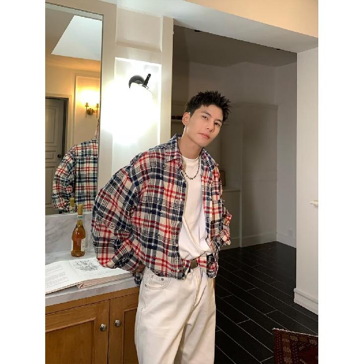 American Retro Design Mixed Color Stripe Long Sleeve Shirt Men and Women Casual Loose Spring and Autumn Couple Coat Men