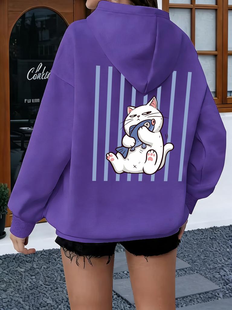 Women's hooded sweatshirt, featuring cat and fish patterns, with a casual style, suitable for running, Y2K trend