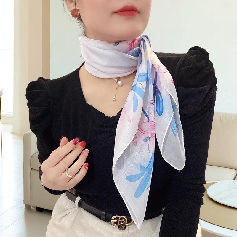 Large 95cm Square Korean Silk Chiffon Scarf for Women - Printed Neck or Head Scarf