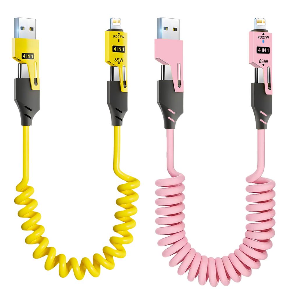 1/2PCS 4-in-1 Spring Data Cable & 65W Quick Charger: 6A USB Type-C Telescopic Wire Compatible with iPhone/iPad/MacBook/Huawei