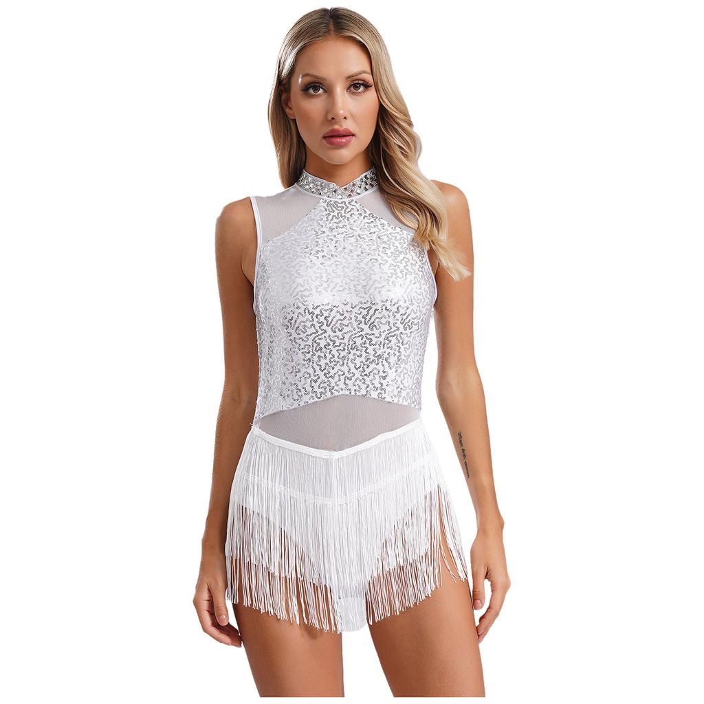 Frauen Pailletten Latin Jazz Dance Kostüm Ärmelloses Ausschnitt Zurück Flowy Quaste Kleid Trikot Ballett Dancewear