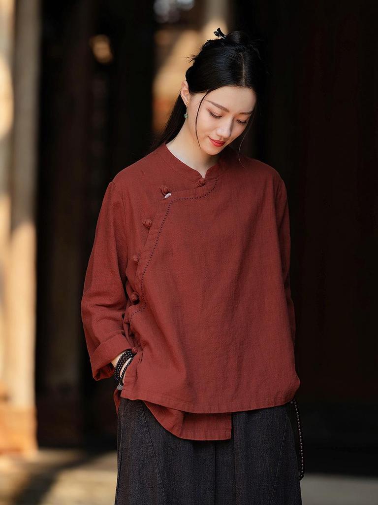 New Women's Cotton Linen Retro Stand Collar Shirt with Frog Buttons
