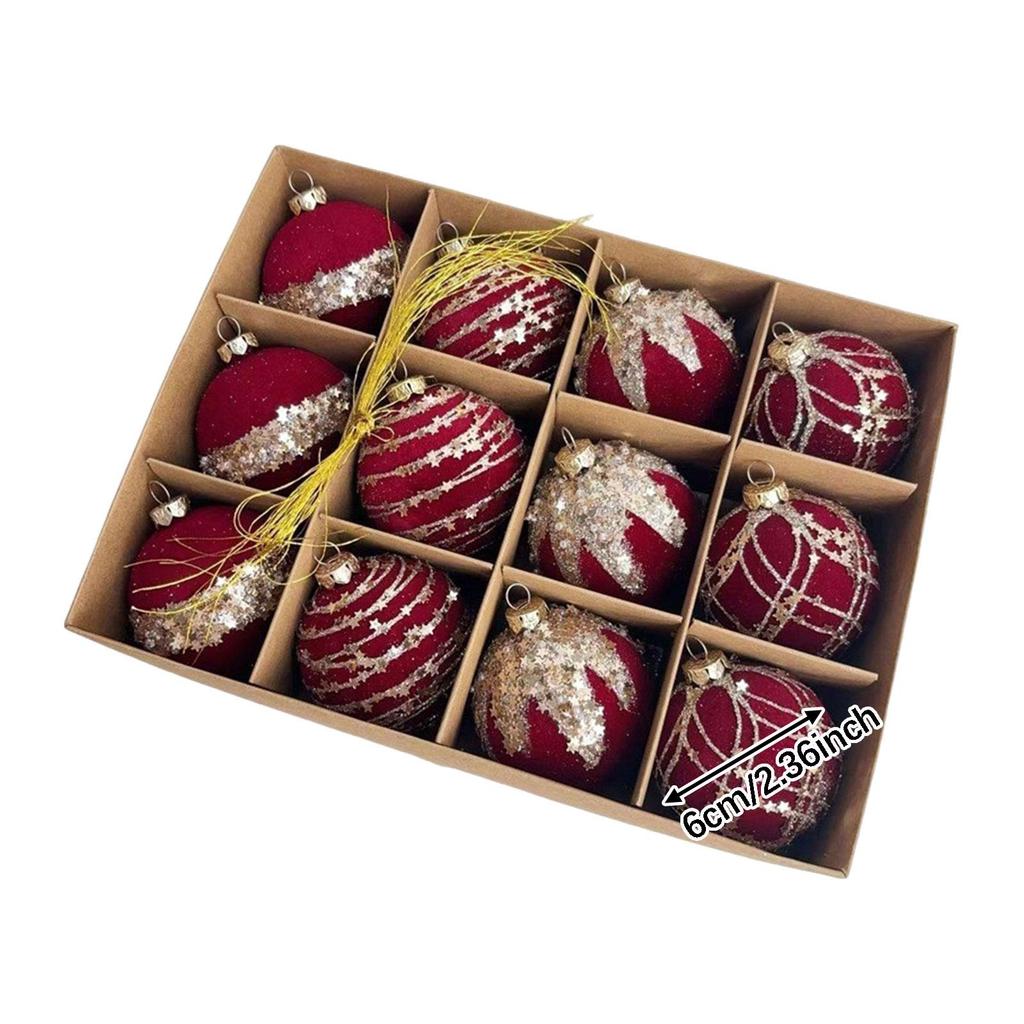Glitter Christmas Balls 12pcs Elegant Flocking Decoration Pendants for Xmas Tree Party Home Ornaments