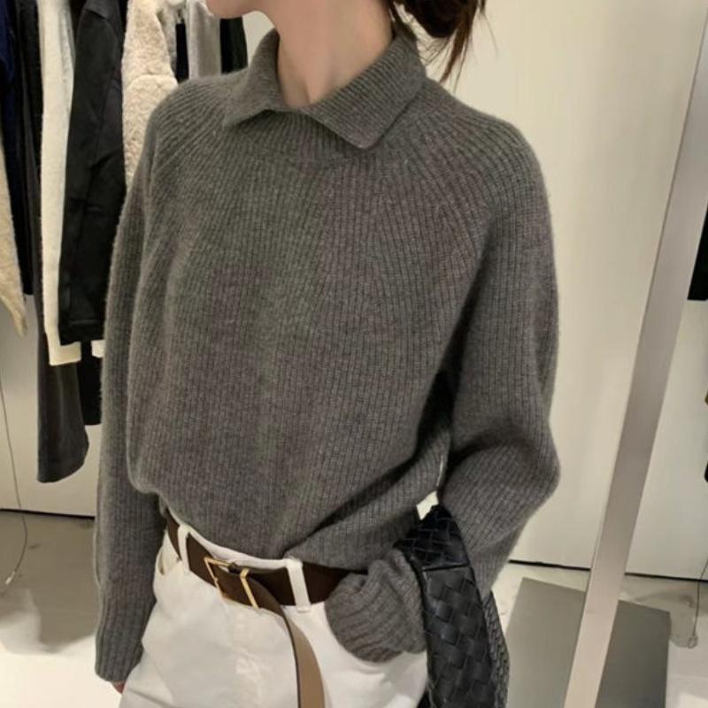 Women's Autumn & Winter Korean Style Exquisite Small Lapel Minimalist Versatile Sweater Loose Slim-Fit Knit Top Thick Base Layer