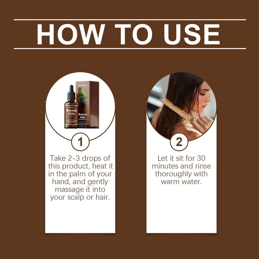 Hoegoa Batana Rosemary Hair Care Oil, smooths dry frizz, prevents split ends, controls oil, repairs damage, and nourishes hair 30ml