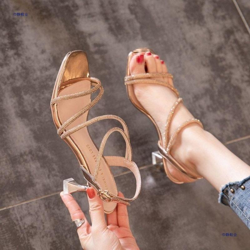Sandals Women's Summer Mid-heel 2025 New Rhinestone One-word Buckle with Square Head Thin Heel Design Sense Niche High Heels