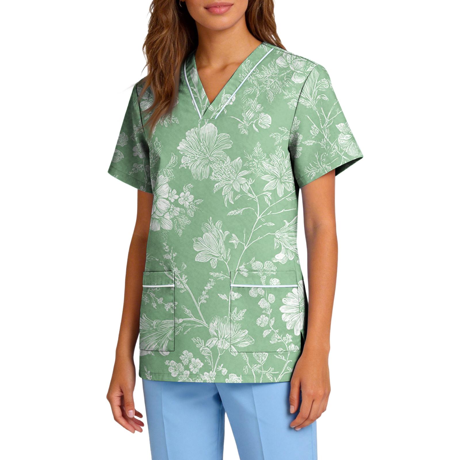 

V Neck Short Sleeve Scrub Top with Floral Print Two Front Pockets Comfortable Fit for Healthcare Professionals L зелёный